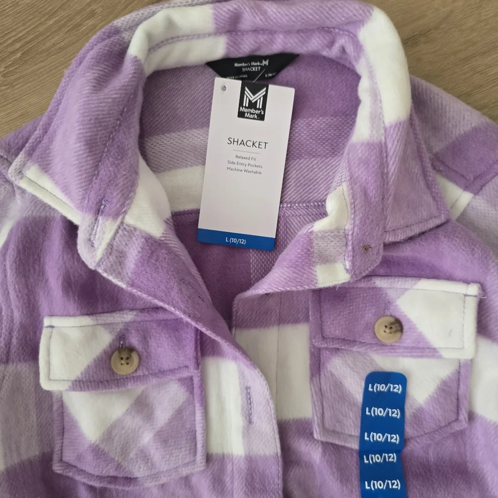 NWT Member's Mark Girl's Relaxed Fit Plaid Shacket Purple Plaid